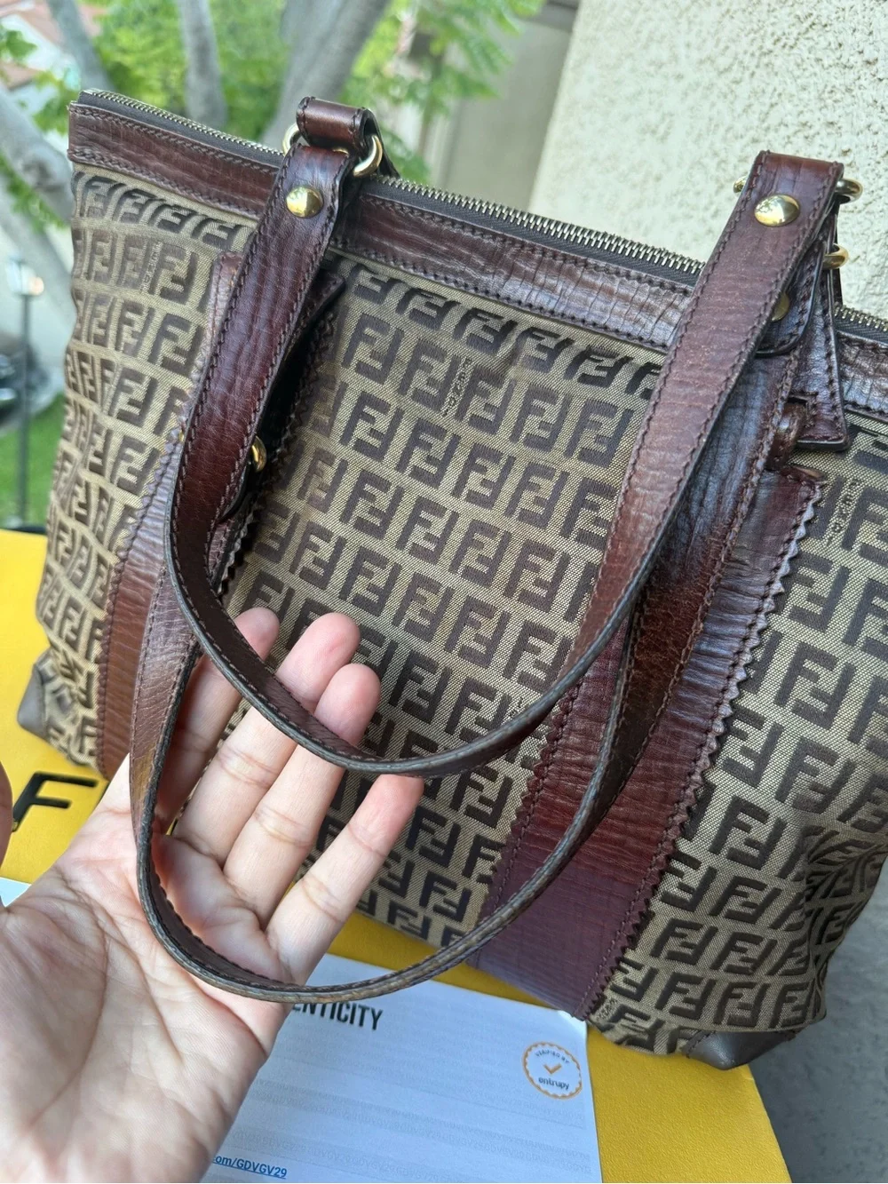 Fendi Brown Zucca Logo Canvas Shoulder Tote with Dark Brown Leather Trim